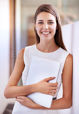 Buy stock photo Businesswoman, portrait and laptop at wall as corporate professional financial consultant for about us, welcome or confidence. Female person, face and agent advisor for startup, career or networking