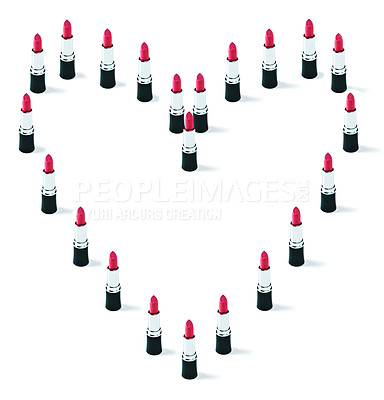 Buy stock photo Makeup, studio and red color lipstick in heart shape and love display on white background for cosmetics. Choice, beauty product and care symbol in trends collection and lip gloss for valentines day