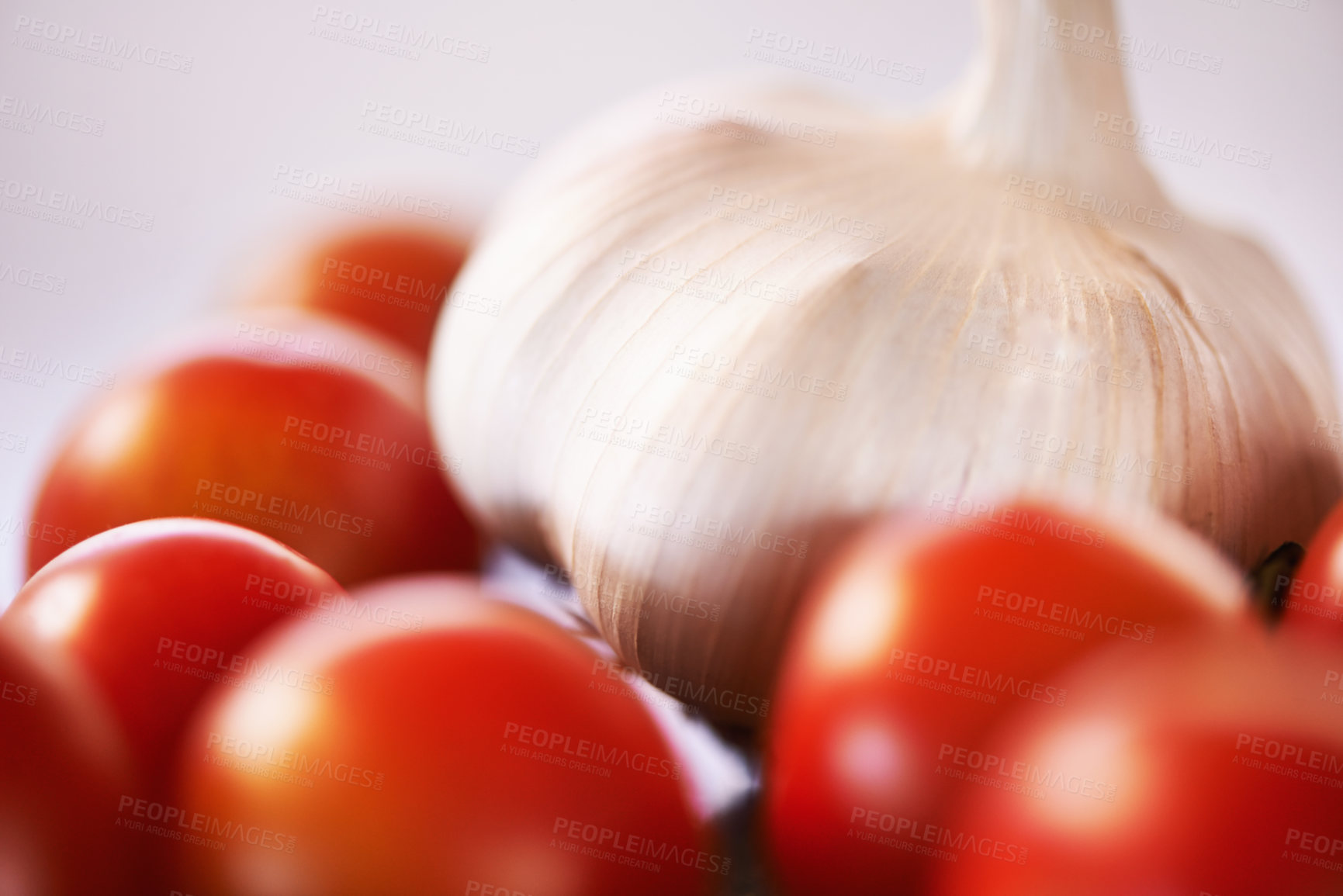 Buy stock photo Home, garlic and tomatoes with kitchen counter, ingredients and groceries with recipe and healthy. Wellness, closeup and mockup space with vegetables and nutrition with vegan and organic food