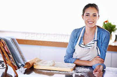 Buy stock photo Portrait, smile for baking and woman in kitchen of home with dough, flour or pastry ingredients for bread or cake. Food, recipe and stove with happy young baker person preparing dessert in apartment