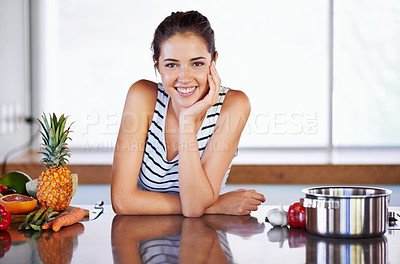 Buy stock photo Portrait, smile and cooking with woman in kitchen of home for diet, health or nutrition with ingredients. Food, recipe and stove with happy young vegetarian person preparing meal in apartment