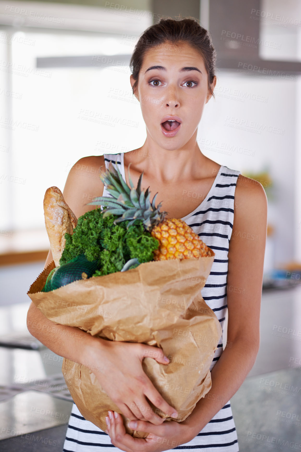 Buy stock photo Home, surprise or portrait of woman with groceries on promotion, sale or discounts deal on nutrition. Wow, news offer or shocked person buying healthy food for cooking organic fruits or diet choice