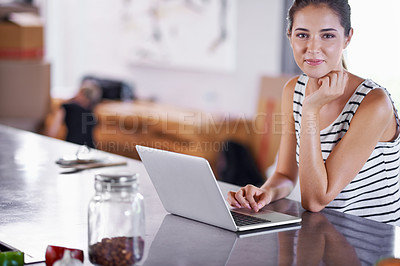 Buy stock photo Kitchen, portrait and woman search with laptop for recipe, guide and online tutorial for dinner. Happy, chef and girl typing on computer and learning from blog about nutrition, diet and information