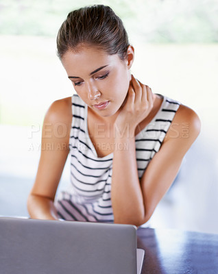 Buy stock photo Reading, blog and woman in home with laptop for research and recipe for dinner. Online, chef and person scroll on computer and learning from internet about nutrition, diet and information on menu