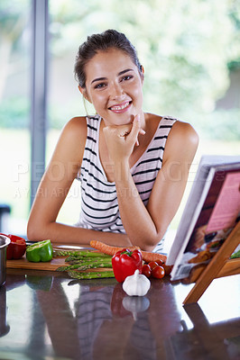 Buy stock photo Cooking, vegetables and portrait of woman in kitchen for lunch, dinner and supper for healthy eating. Nutrition, home and happy person with food, ingredients and recipe for wellness, diet and meal