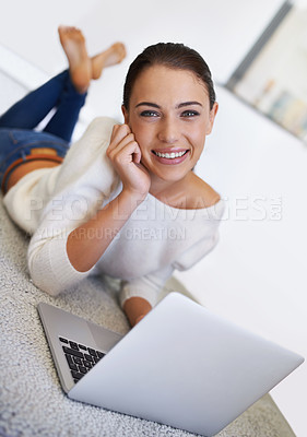 Buy stock photo Laptop, floor and portrait of happy woman in house for remote work, social media or reading email on internet in Australia. Computer, freelancer or face of person on carpet with tech to relax in home