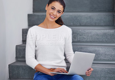 Buy stock photo Laptop, portrait and happy woman on stairs in home for remote work, social media or email on internet in Australia. Computer, freelancer and smile of person on steps with technology to relax in house