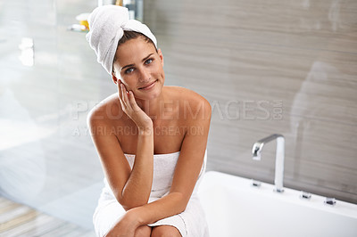 Buy stock photo Bathroom, portrait and woman with smile for skincare or beauty for soft, smooth and shine on face. Morning, routine and female person with happiness for treatment of dermatology or cosmetology 