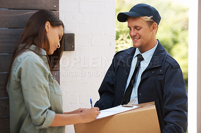 Buy stock photo Package, woman and courier with delivery, signature and parcel with compliance and customer. Home, front door and client with employee or industry with box and service with clipboard and distribution