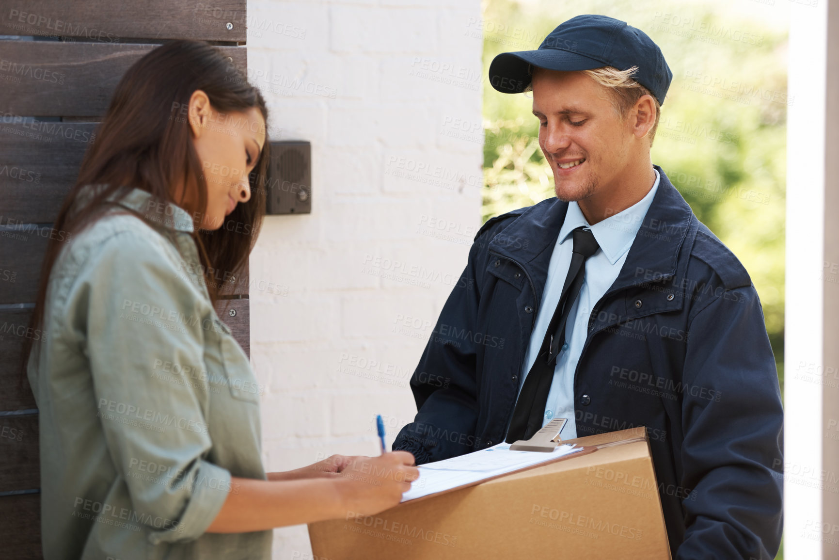 Buy stock photo Package, woman and courier with delivery, signature and parcel with compliance and customer. Home, front door and client with employee or industry with box and service with clipboard and distribution