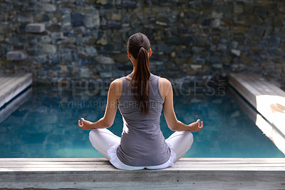 Buy stock photo Back, pool and meditation with woman, yoga and fitness with sunshine and peace with breathing. Rear view, person and water with girl and yogi with wellness and healthy with hobby, relax and exercise