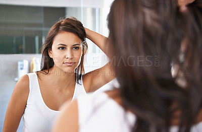 Buy stock photo Woman, mirror or reflection by thinking, hair or style maintenance by transformation for growth. Wellness, hairdresser or touch as vision of keratin, shampoo and color for strong, gloss or shine