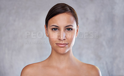 Buy stock photo Confident, natural beauty and woman in portrait with dermatology for glow, skin health and wellness on grey background. Clean skincare, cosmetic with shine or hygiene, face and self care for grooming