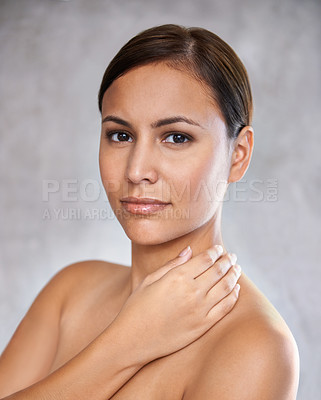 Buy stock photo Natural beauty, portrait with woman and skincare for glow, skin health and wellness on grey background. Clean cosmetics, dermatology with shine and hygiene, self care and grooming with bodycare