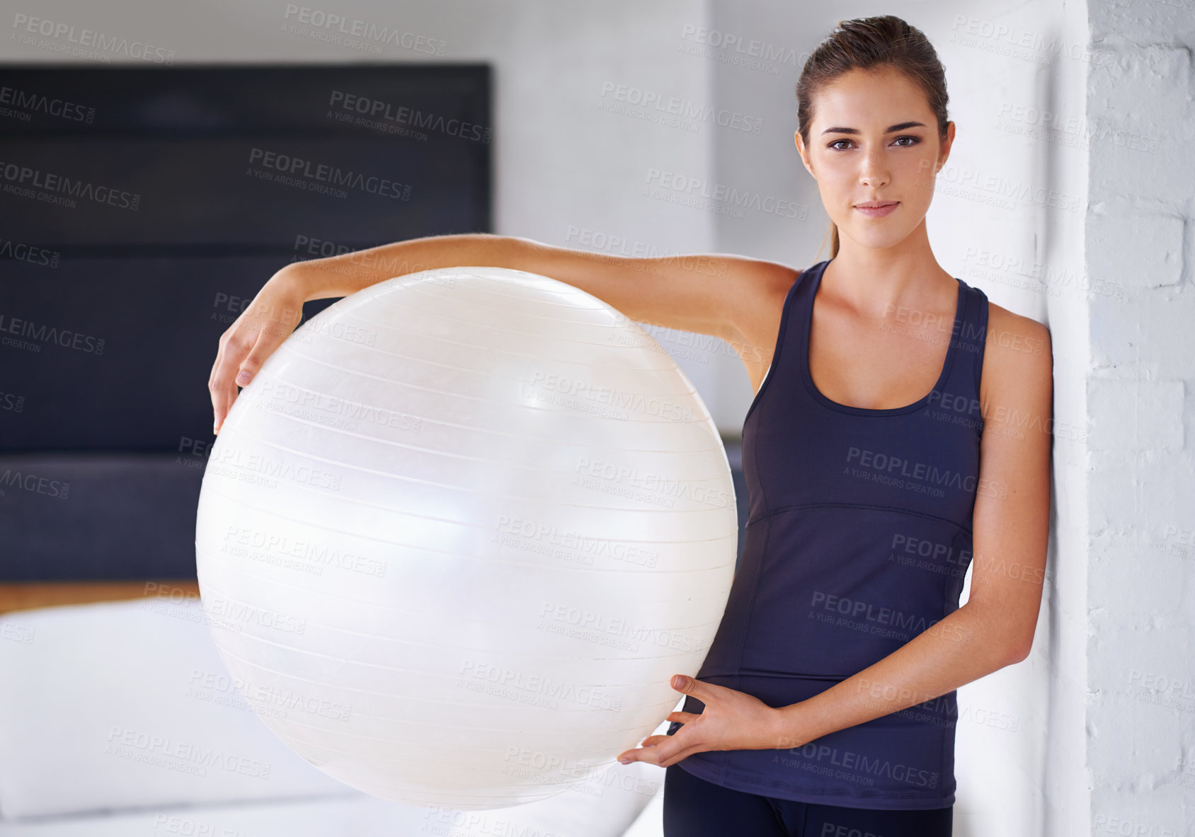 Buy stock photo Fitness, portrait and woman with exercise ball for health wellness and physical training at home. Workout, weight loss and face of female person for pilates, cardio or balance with gym equipment