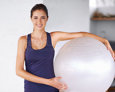 Buy stock photo Portrait, woman or ball in fitness, strength and balance in core, muscle and workout for health. Female person, smile or equipment for gymnastics, pilates or yoga as exercises for energy and wellness