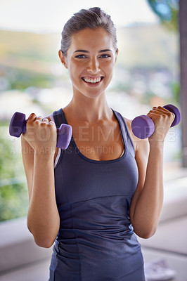 Buy stock photo Portrait, fitness and dumbbells with smile of woman at gym for health, wellness or workout. Exercise, weight training and happy young person satisfied with performance, progress or strong muscles