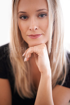 Buy stock photo Portrait, woman and thoughts with hand on chin, thinking and planning in living room. Female person, reflect and contemplating idea for future plans with face smile at home or apartment or house
