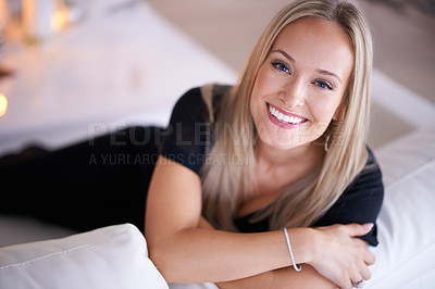 Buy stock photo Portrait, happy woman and relax on couch in living room, wellness and peace for break in home. Face, positive and blonde lady with rest on sofa, mindfulness and satisfaction on weekend in apartment