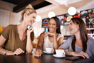 Buy stock photo Friends, women and talking at cafe with social life, happy and funny conversation on weekend. Group of people or customer coffee shop, restaurant or small business for casual chat, laughing or gossip