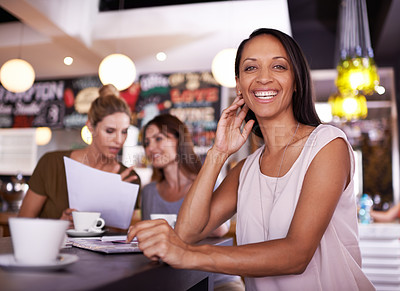 Buy stock photo Startup, woman and happy portrait in restaurant for small business, cafe or coffee shop and notebook or paperwork for planning. Female entrepreneur, counter and meeting with partners for inventory.