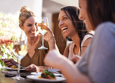 Buy stock photo Friends, wine and women laughing at restaurant with drinking, bonding and relax outdoor in city for celebration. People, face and happy with alcohol at cafe for social gathering, funny gossip or joke