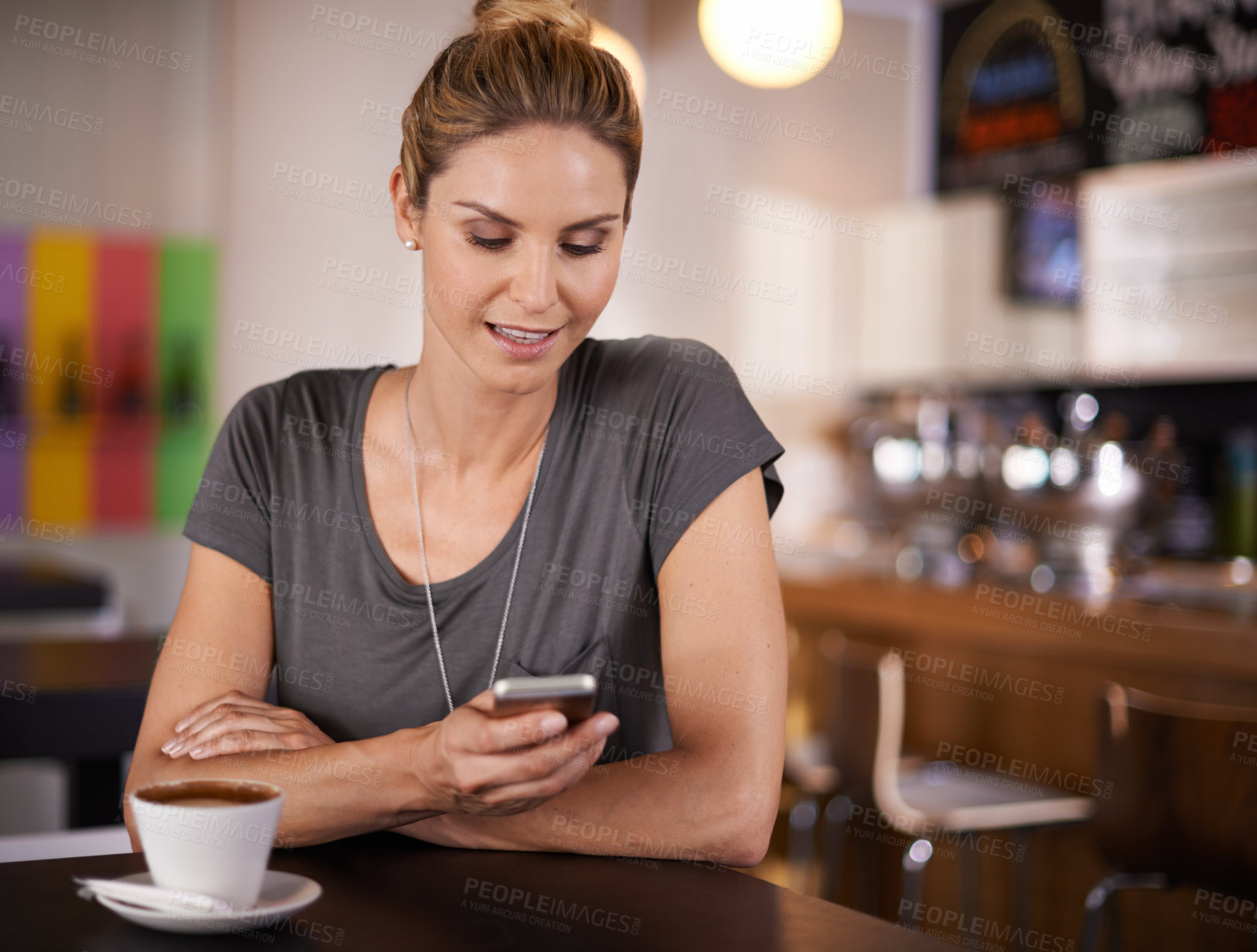 Buy stock photo Happy woman, typing and phone with coffee at cafe for communication, social media or networking. Female person with smile on mobile smartphone for online chatting, texting or app at indoor restaurant