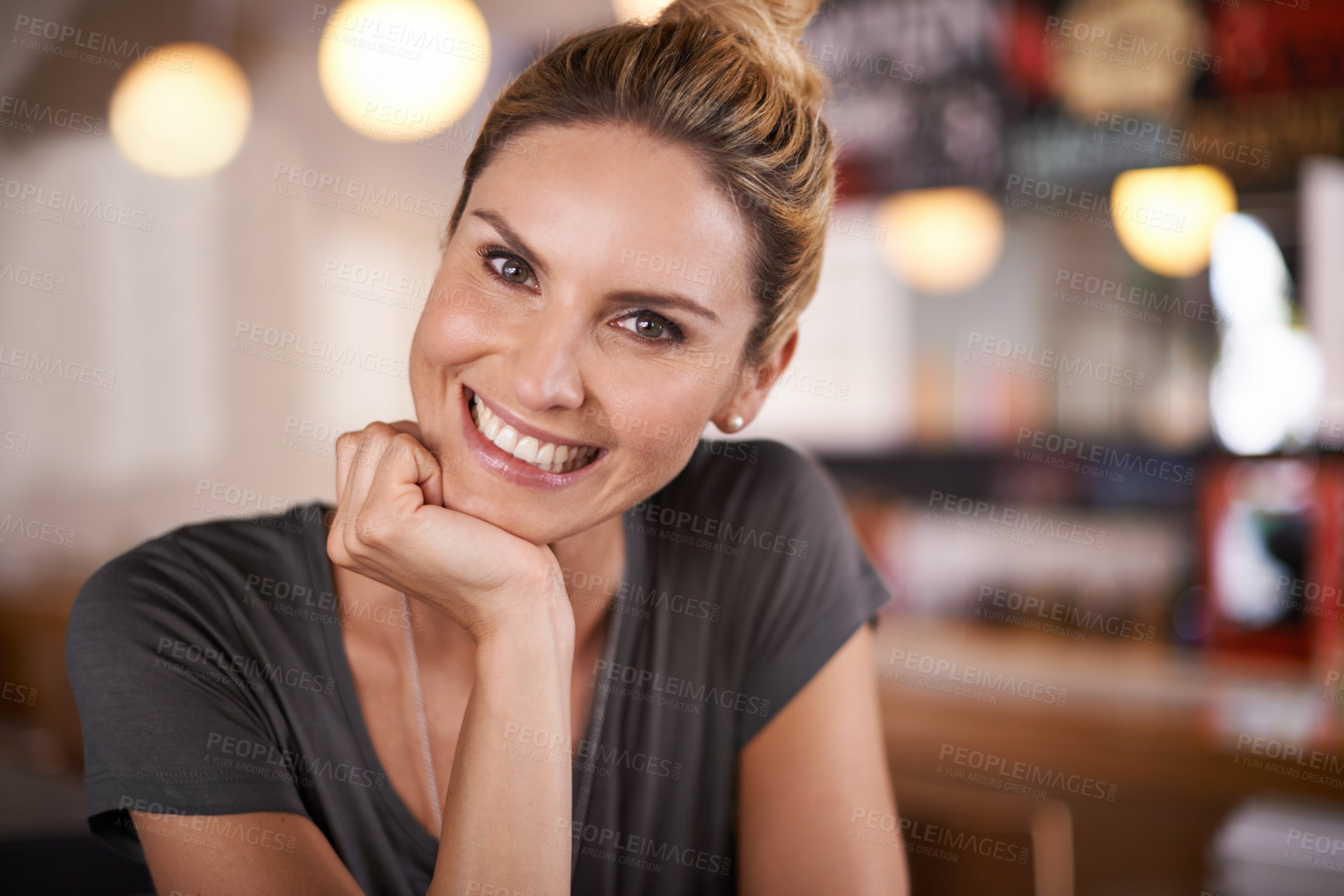 Buy stock photo Happy, portrait and woman relax in coffee shop or restaurant as customer in hospitality on holiday or vacation. Girl, smile and enjoy cafe or small business on weekend, break or morning in cafeteria