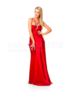 Buy stock photo Fashion, beauty and elegant woman in red dress or evening gown for prom, bridesmaid or formal event against white studio background. Beautiful lady feeling confident in designer wear and accessories