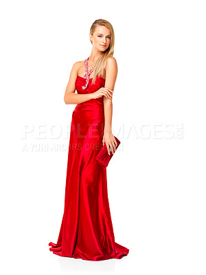 Buy stock photo Full length portrait of beautiful woman in a red dress posing on a white background