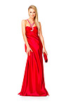 Beautiful young woman in red evening gown on white