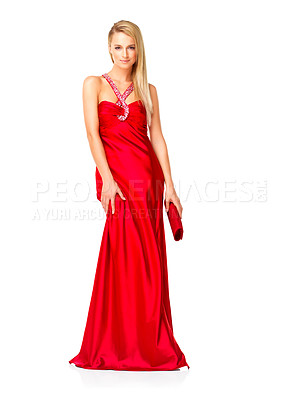 Buy stock photo Young and elegant woman in a red dress or fancy gown while feeling confident and beautiful against a copy space background. Lady wearing designer clothes and accessories for prom, bridesmaid or event