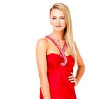 Attractive young blond woman in a red evening gown