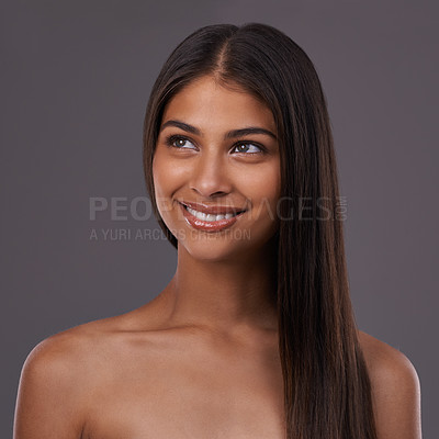 Buy stock photo Beauty, hair and face of woman on gray background for healthy texture, wellness and shine. Haircare, hairdresser and happy person with long hairstyle for salon products, cosmetics and glow in studio