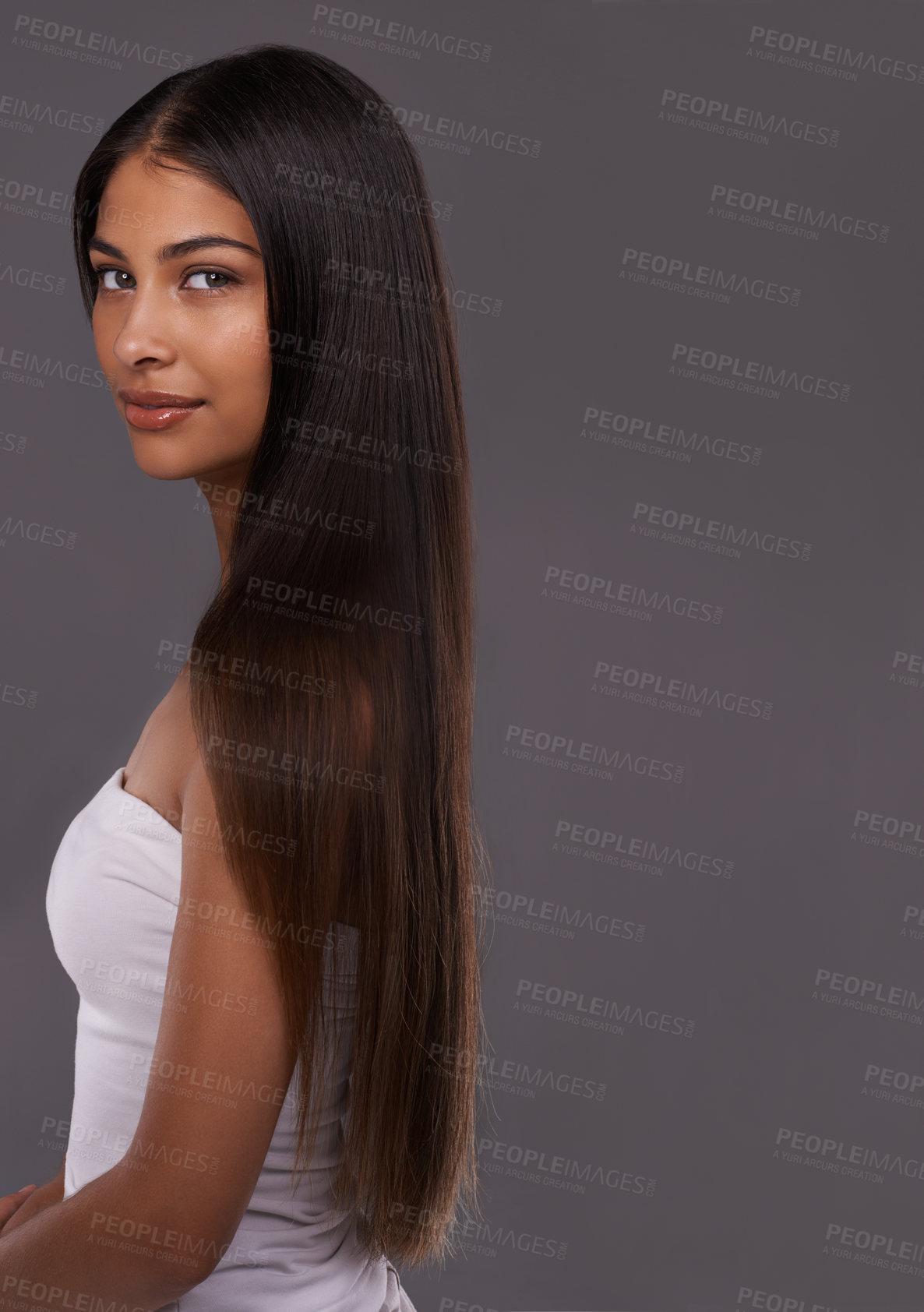Buy stock photo Hair care, portrait and beauty of woman, skincare and mockup space isolated on gray studio background. Hairstyle, face and Indian model in makeup cosmetics at salon for body treatment at hairdresser