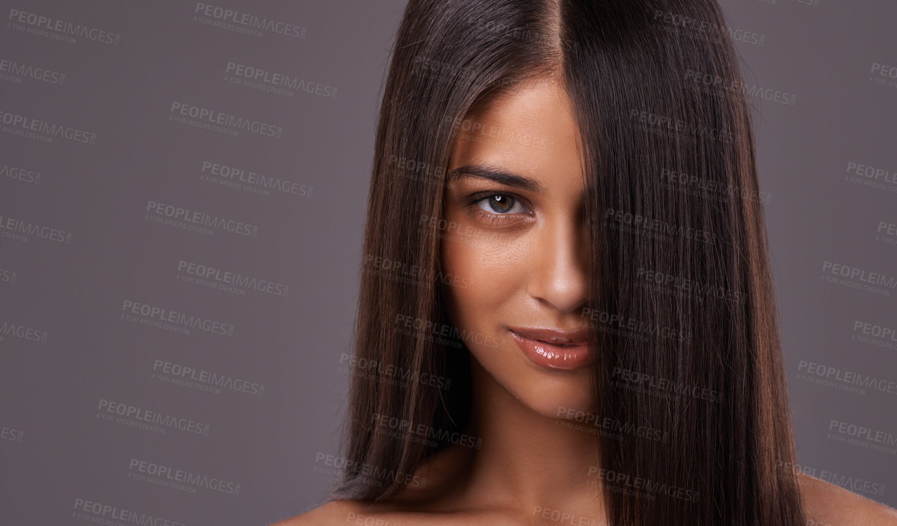 Buy stock photo Woman, hair and portrait for salon, cut and style for heat and blow with keratin treatment and wash. Model with glossy and healthy for roots and tips with smooth and silk for volume or long on mockup