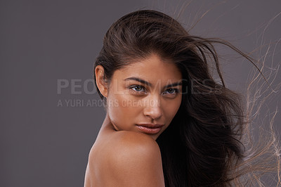 Buy stock photo Wind, blow dry and closeup of woman for hair care, treatment and beauty with mockup space isolated on studio background. Female person, model and hairstyle for shampoo, hairdressing and cosmetology