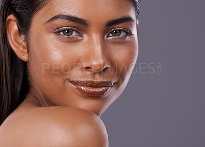 Buy stock photo Portrait, shine and woman with makeup, cosmetics and dermatology on grey studio background. Face, person and model with healthy skin and routine with skincare and grooming with glow and mockup space