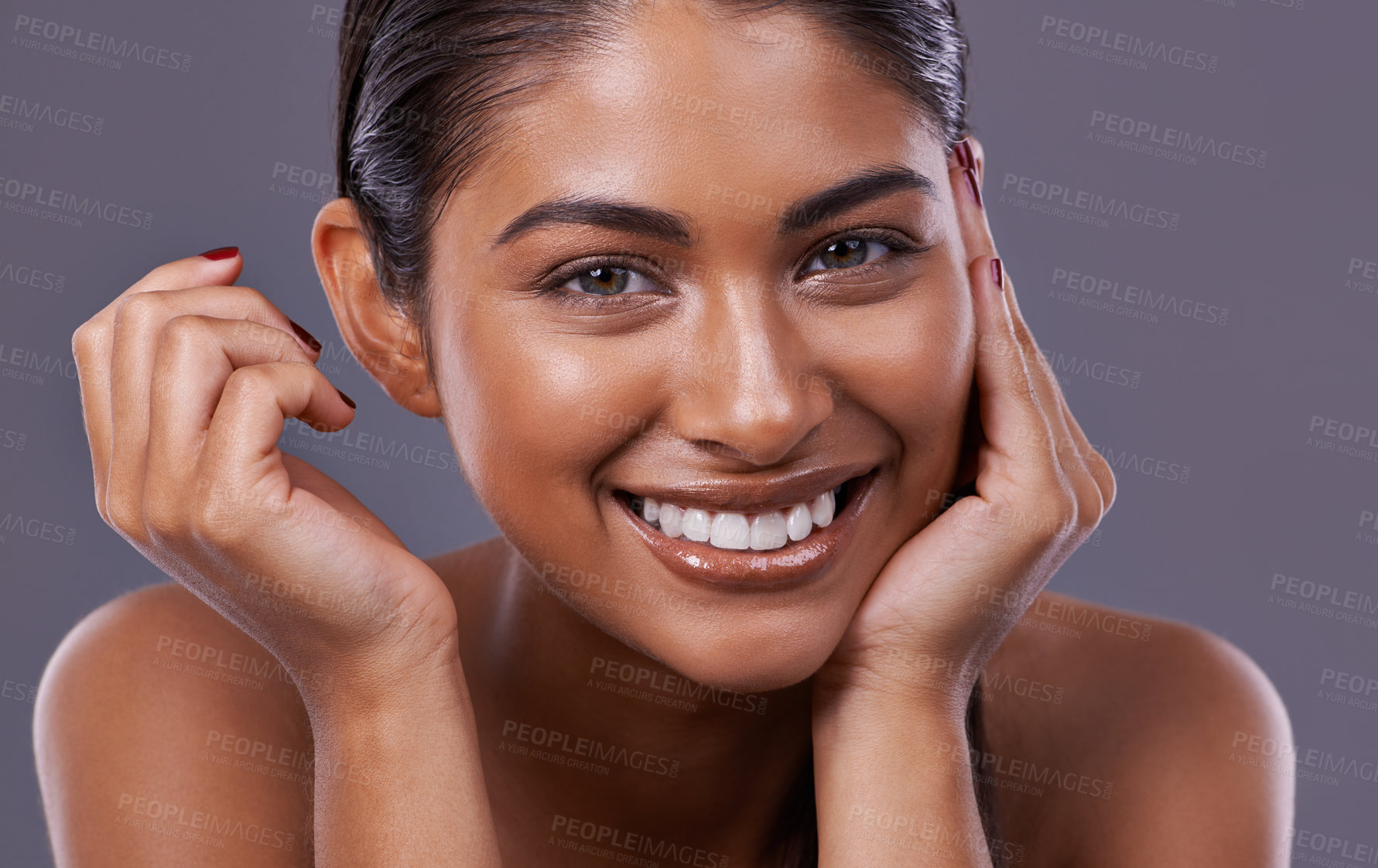Buy stock photo Portrait, beauty and woman with skincare, glow and grooming routine on a grey studio background. Face, person and model with dermatology and healthy skin with makeup and shine with smile and wellness