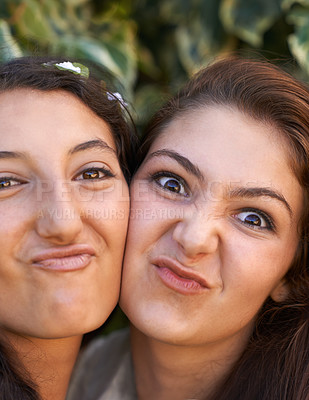 Buy stock photo Girl friends, happy and selfie outdoor with silly, pout and students with a smile in a park. Garden, youth and funny face with grass, campus and fun together with bonding in nature with teen people