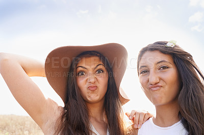 Buy stock photo Women, friends and portrait with funny face outdoor on holiday connection in summer, bonding or together. Female person, travel and humor in Australia or nature vacation as students, goofy or meme