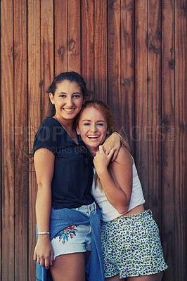 Buy stock photo Portrait, smile and woman friends on wooden background together for bonding or relationship. Love, funny or laughing and happy young people having fun with fashion in summer for holiday and vacation