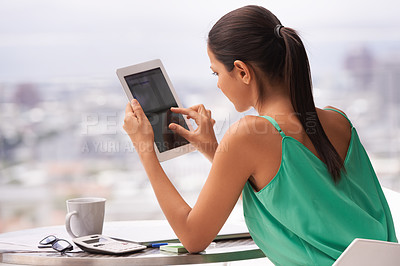 Buy stock photo Woman, outdoor and tablet screen for planning, research and scroll on the internet by balcony. Back of analyst or freelancer with information on digital technology for social media and work from home