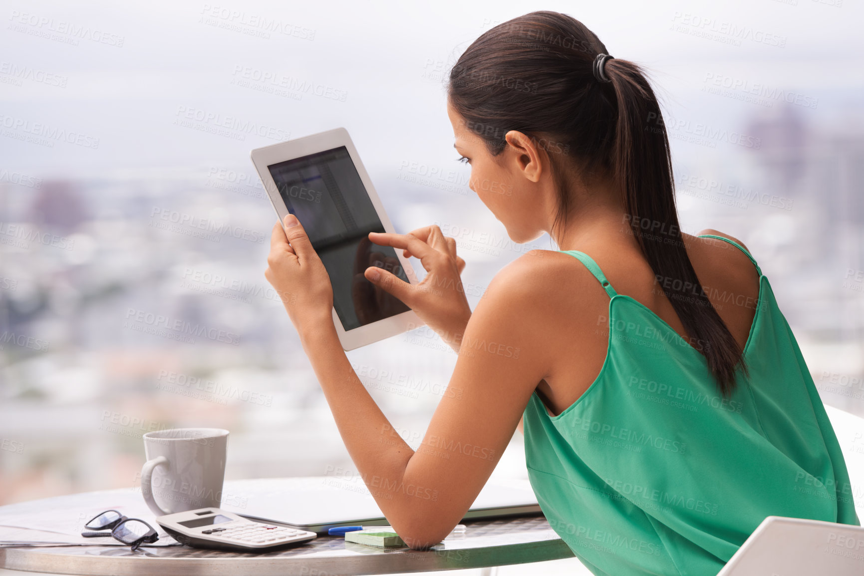 Buy stock photo Woman, outdoor and tablet screen for planning, research and scroll on the internet by balcony. Back of analyst or freelancer with information on digital technology for social media and work from home