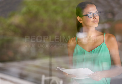 Buy stock photo Woman, thinking at window and documents for review, glasses for reading with editor and fact check article. Inspiration, knowledge and ideas with paperwork, proofreading and productivity in office