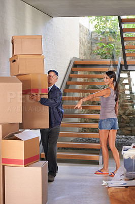 Buy stock photo Smile, young woman and receiving delivery from postman for logistics at home or showing parcel for client. Freight, box and lady at her house for package or cargo from a courier and shipping company