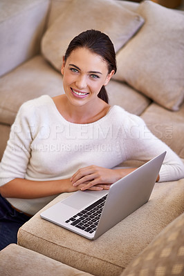 Buy stock photo Woman, portrait and laptop for remote work on internet, home and smile for copywriting or blog. Female person, living room and happy for website research for article, information and app on tech