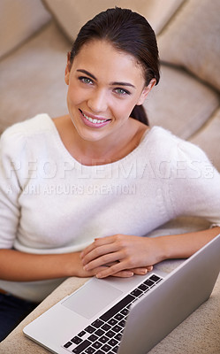 Buy stock photo Woman, portrait and laptop for remote work in home, networking and smile for copywriting or blog. Female person, living room and happy for website research for article, information and app on tech
