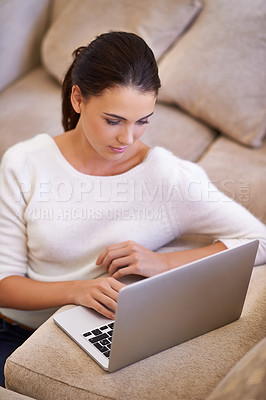 Buy stock photo Woman, networking and laptop for remote work on internet, home and tech for copywriting or blog. Female person, living room and online for website research for article, information and app for email