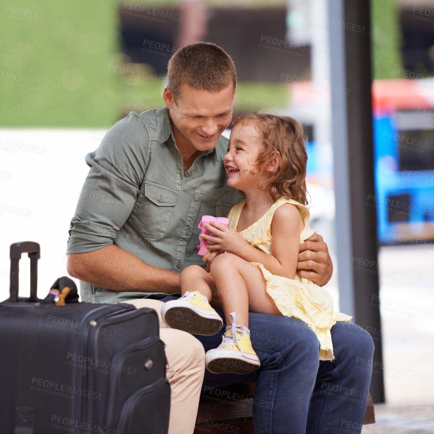 Buy stock photo Father, child and suitcase for travel outdoor or happy laughing together for holiday, vacation or journey. Male person, daughter and luggage or waiting for trip to Hawaii, travellers or connection